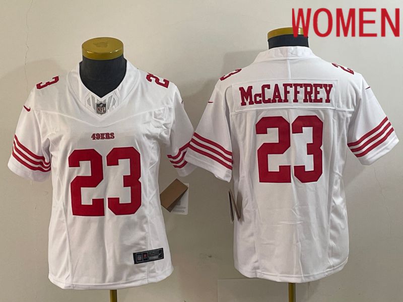 Women San Francisco 49ers #23 Mccaffrey White 2023 Nike Vapor Limited NFL Jersey style 3->women nfl jersey->Women Jersey